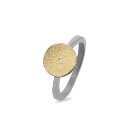 PANDORA ARTSHOP RING SILVER 925° OXIDIZED GOLD 22K DIAMOND 0,01ct 10mm