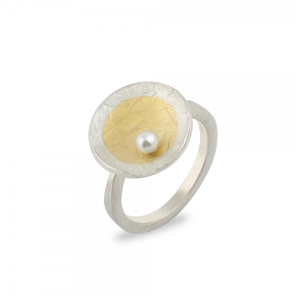 PANDORA ARTSHOP RING SILVER 925° GOLD 22K PEARL FRESHWATER 15mm