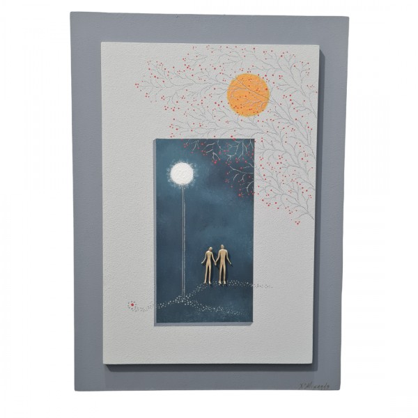 PANDORA ARTSHOP WALLPIECE COUPLE MOONLIGHT BRONZE WOODEN FRAME 30x30cm