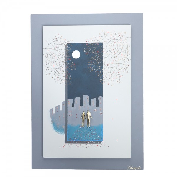 PANDORA ARTSHOP WALLPIECE COUPLE MOONLIGHT BRONZE WOODEN FRAME 30x30cm