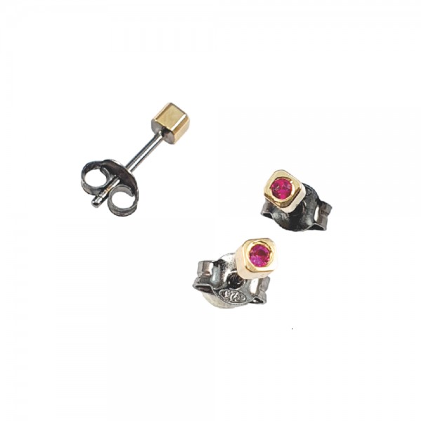 PANDORA ARTSHOP EARINGS SILVER 925° GOLD 22K 10x10mm RUBIES 0.06ct