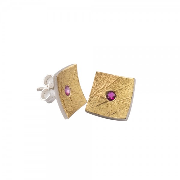 PANDORA ARTSHOP EARINGS SILVER 925° GOLD 22K 10x10mm RUBIES 0.06ct