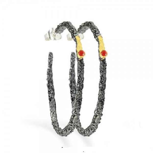 PANDORA ARTSHOP EARRINGS HOOPS RUBIES ,GOLD 18K, OXIDIZED SILVER  925° 4cm