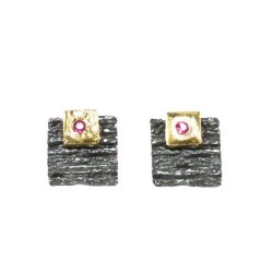 PANDORA ARTSHOP EARRINGS RUBIES ,GOLD 18K, OXIDIZED SILVER  925° 1.5x1cm