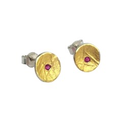 PANDORA ARTSHOP EARINGS SILVER 925° GOLD 22K 10x10mm RUBIES 0.06ct