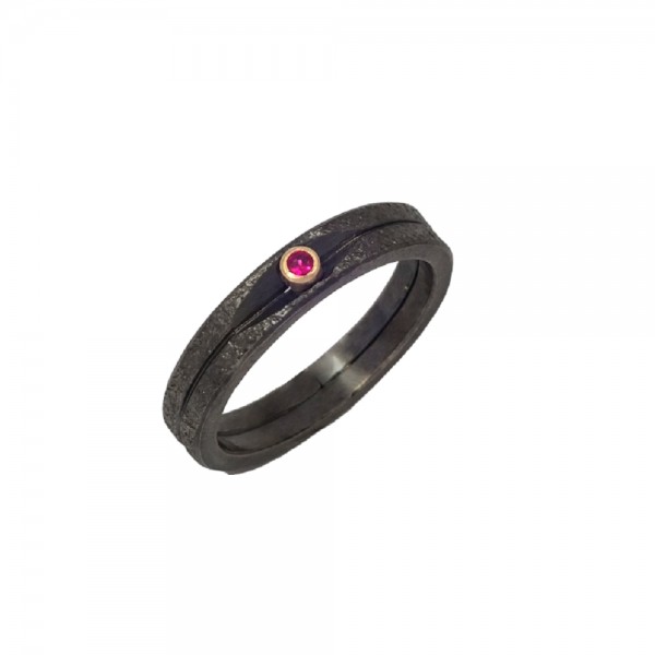 PANDORA ARTSHOP RING SILVER 925° OXIDIZED GOLD 22K RUBY 0.03ct 10x10mm