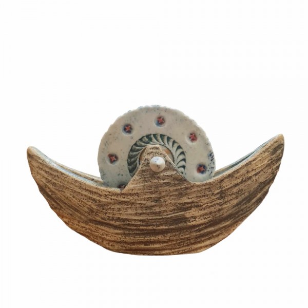 Ceramic ship - porcelain disc 9x16.5cm.