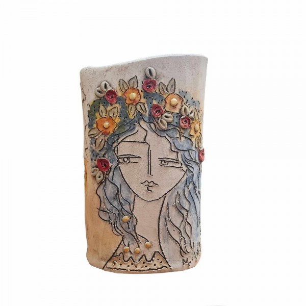 Vase woman and bird clay stoneware 24x14x8 cm