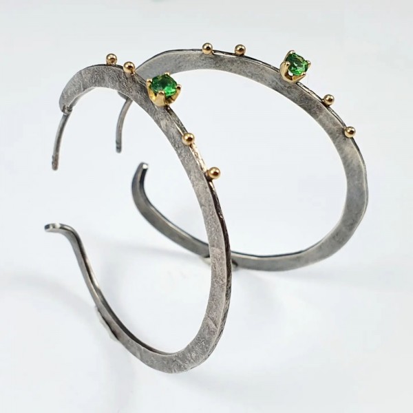 Hoops earrings silver 925° gold 18K 4cm tsavorites 0.30ct 4cm