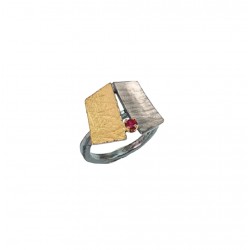 PANDORA ARTSHOP RING SILVER 925° OXIDIZED GOLD 22K RUBY 0.15ct 2x2cm