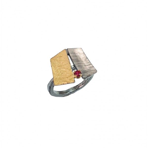 PANDORA ARTSHOP RING SILVER 925° OXIDIZED GOLD 22K RUBY 0.15ct 2x2cm