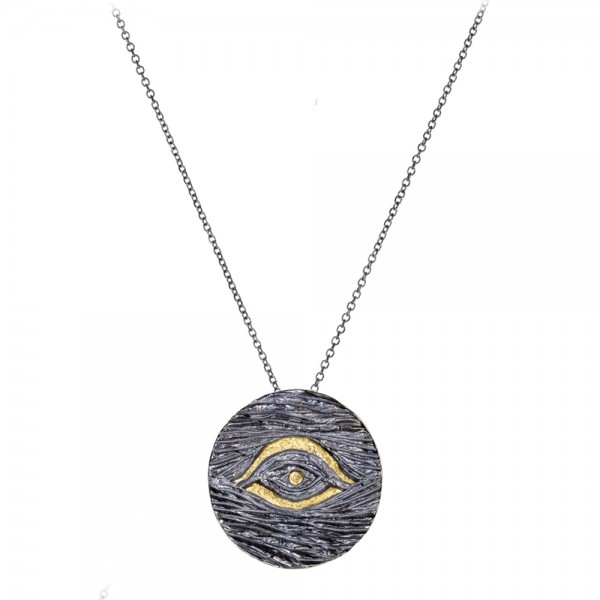 Pendant devil eye gold  18K, oxidized silver  925°  2.5cm chain 45cm