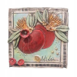 Wallpiece double pomegranates clay stoneware 19x19cm