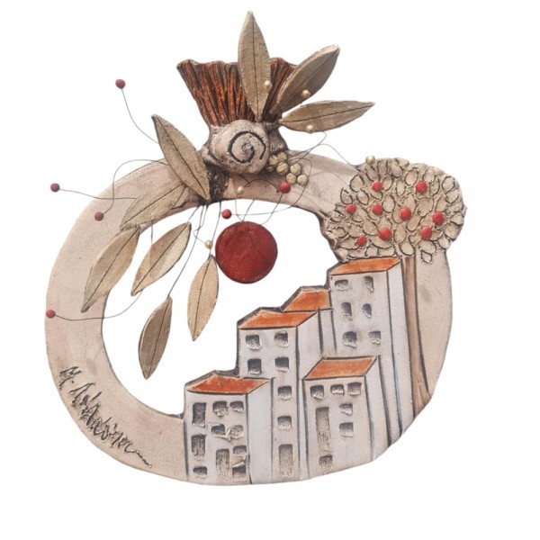 Wallpiece pomegranate with houses clay stoneware 28x25cm