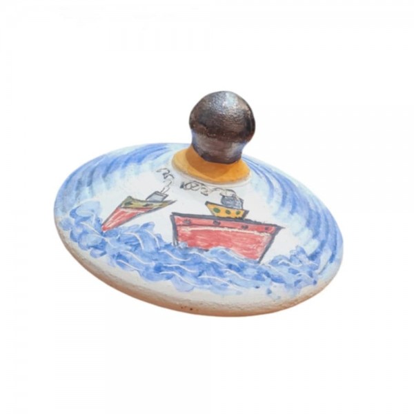 Spinning top with ships handpainted ceramic 8x14 cm