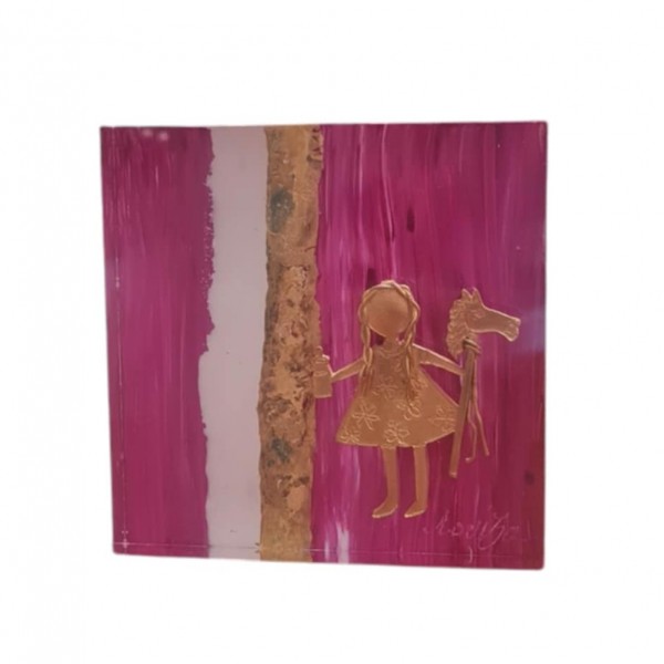 Brass girl on painting plexiglass 12x12x2cm