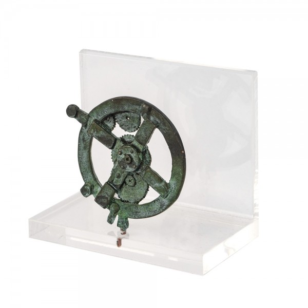 Cardholder Antikythera Mechanism brass & patina acrylic base  7x8x4.5cm