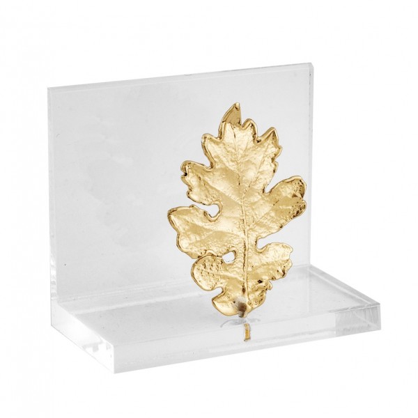 Cardholder oak leaf goldplated 24K brass on acrylic base 7x8x4.5cm