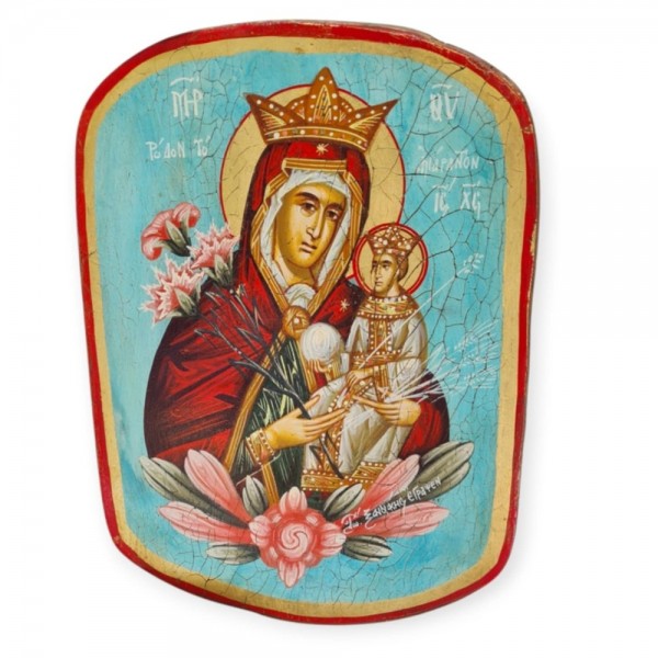 Icon Virgin Mary Unfading Rose painting egg-tempera wood gold 15K 17x12x2cm
