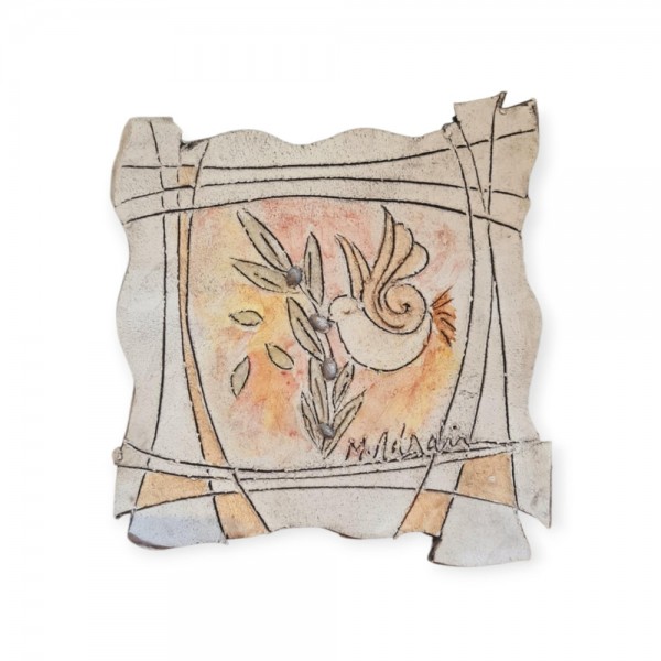 Platter with olive branch  & bird clay stoneware 18x18 cm