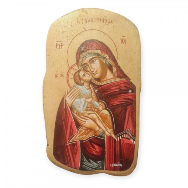 Icon Virgin Mary painting egg-tempera wood gold 24K 31x19cm