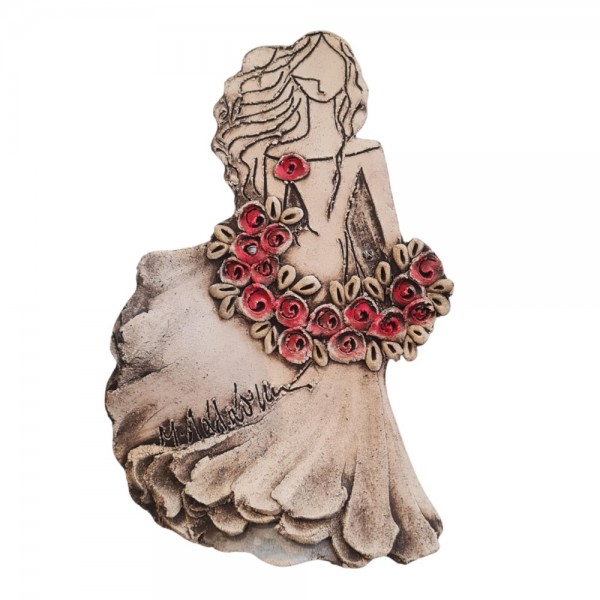 Wallpiece woman with flowers clay stoneware 27x17 cm