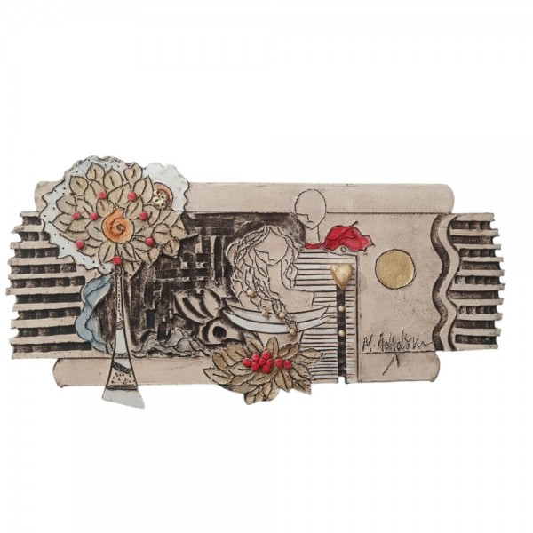 Wallpiece sculptural couple with the tree of life clay stoneware  24Yx45 cm