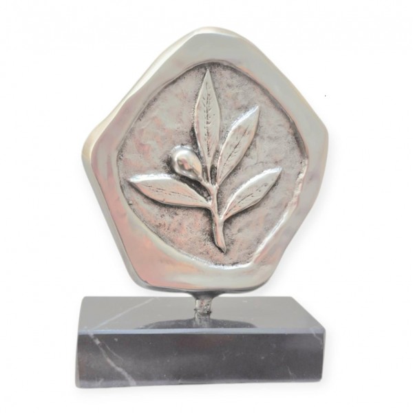 Olive branch silver plated brass on black marble base 11.5x7x3cm