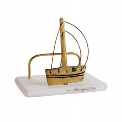 Cardholder brass ship on marble 10x10x7cm.