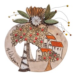 Wallpiece pomegranate with house clay stoneware 23x21cm