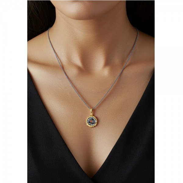 PANDORA ARTSHOP PENDANT RUBY ,GOLD 18K, OXIDIZED SILVER  925° 2x1.5cm