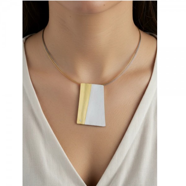 PANDORA ARTSHOP necklace diamond 0,01cts silver 925° gold 22ΚΤ. Steel necklace 45 cm.