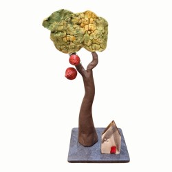 Pomegranate tree with house ceramic on marble base 23x13 cm