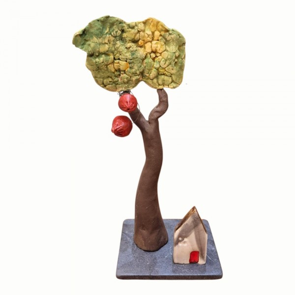 Pomegranate tree with house ceramic on marble base 23x13 cm
