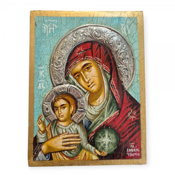 Icon Jesus Christ & Virgin Mary egg tempera on wood silver 925° 25.5x19x4cm