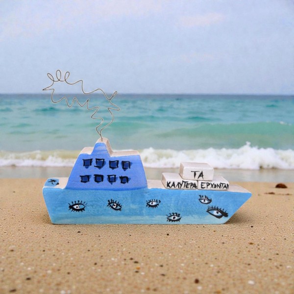 Ship with message handpainted  clay 21.5x16cm