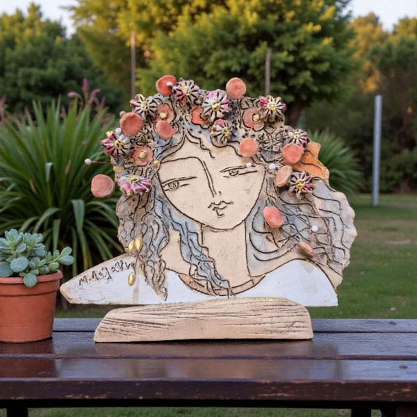 Γυναίκα με λουλούδια επιτραπέζιο γλυπτό κεραμικό stoneware 20.5x24cm