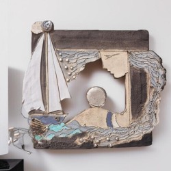Wallpiece sculptural woman with ship and moon clay stoneware 26.5Yx32cm