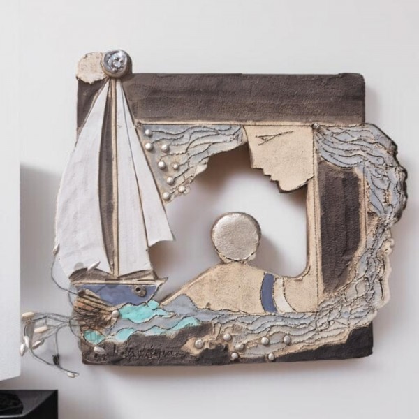 Wallpiece sculptural woman with ship and moon clay stoneware 26.5Yx32cm