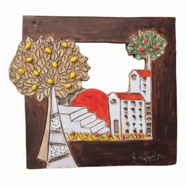 ΅Wallpiece sculpture with houses lemon tree & lifetree  on frame , the tree of life clay stoneware 28x25 cm