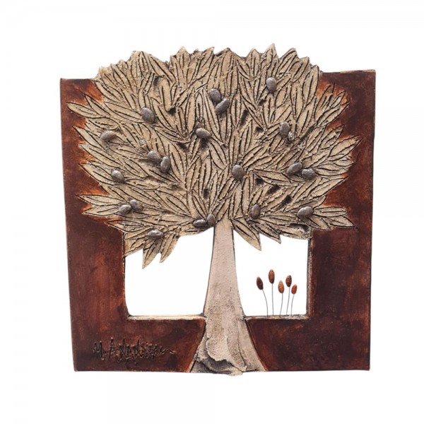 ΅Wallpiece olive tree on frame , the tree of life clay stoneware 27x24 cm