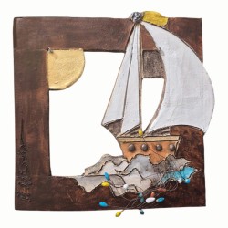 ΅Wallpiece sculpture with sailboat on frame clay toneware 28x25 cm