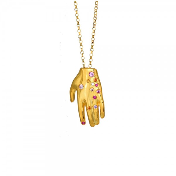 Pendant '' precious hand '' zircon brass goldplated 2cm chain 44cm