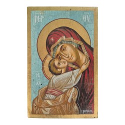 Icon Virgin Mary & Christ egg tempera old wood 22x14cm