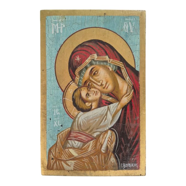 Icon Virgin Mary & Christ egg tempera old wood 22x14cm