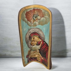 Icon Virgin Mary & Christ egg tempera old wood 40x18cm 925° silver