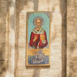 Εικόνα το Θαύμα 'Αγιος Νικόλαος Αυγοτέμπερα σε παλαιό ξύλο 925° silver 56x25cm