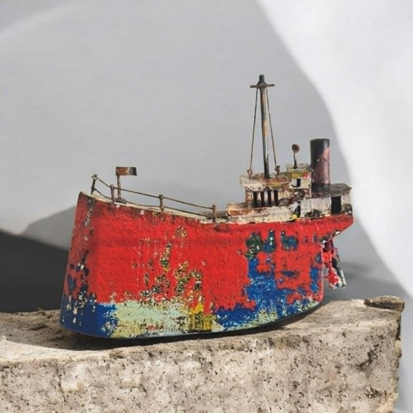 Καράβι επιτοίχιο & επιτραπέζιο με ξύλο , μπρούντζο & ακρυλικά χρώματα 21x17x2cm