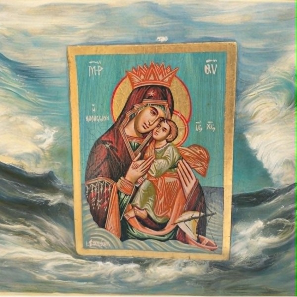 Icon Jesus Christ & Virgin Mary of the sea egg tempera on wood 25x18cm