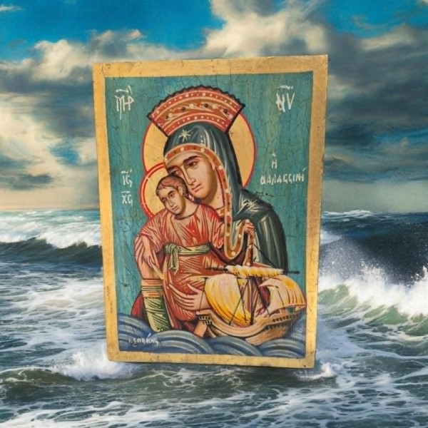 Icon Jesus Christ & Virgin Mary of the sea egg tempera on wood 25x18cm